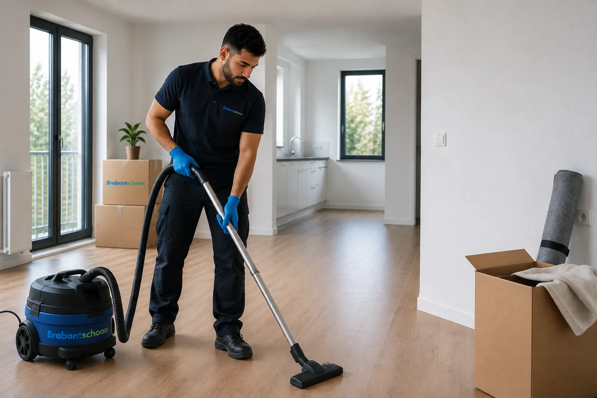 Brabantschoon-medewerker verzorgt een verhuisschoonmaak in een lege woning met verhuisdozen